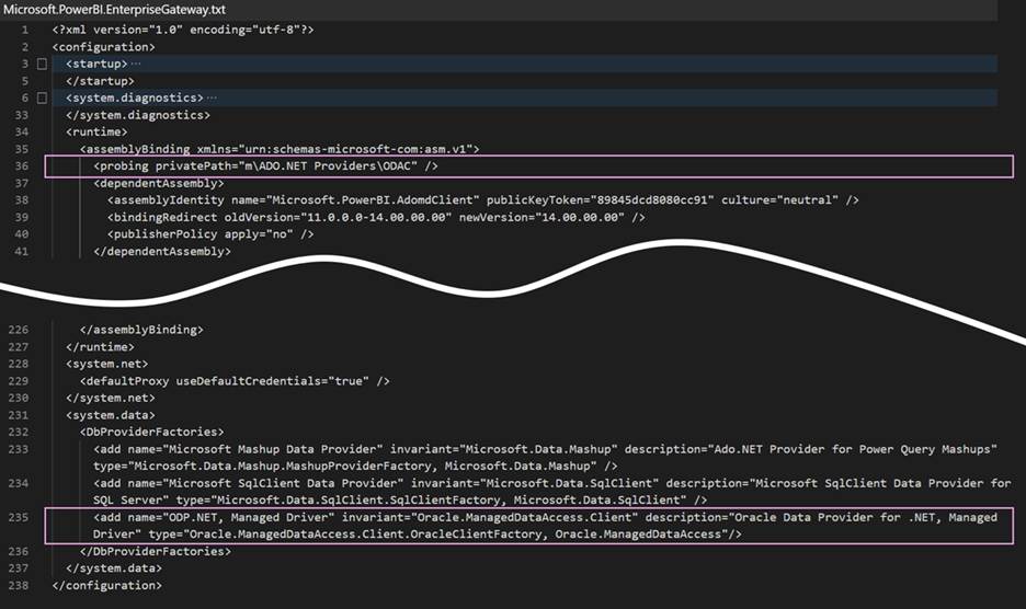 Captura de pantalla del archivo EnterpriseGateway.exe.config en la que se resaltan la entrada privatePath de búsqueda y la entrada ODP.NET Managed Driver en el bloque DbProviderFactories.