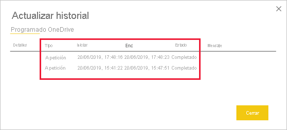 Captura de pantalla que muestra la pantalla Actualizar historial.