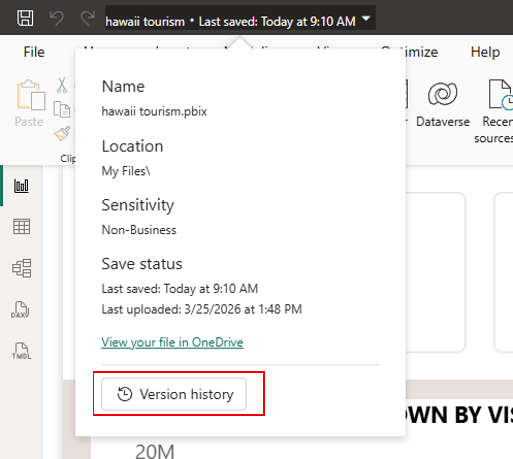 Captura de pantalla del historial de versiones en OneDrive y SharePoint en Power BI Desktop.