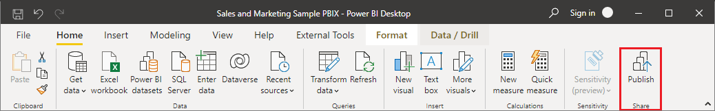 Captura de pantalla de la cinta Inicio de Power BI, resaltando Publicar.