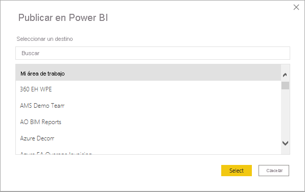 Captura de pantalla del cuadro de diálogo Publicar en Power BI.