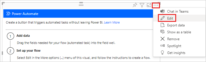 Captura de pantalla en la que se muestra Editar seleccionado en el visual de Power Automate.