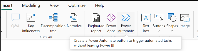 Captura de pantalla de la selección del icono de Power Automate desde la cinta Insertar.