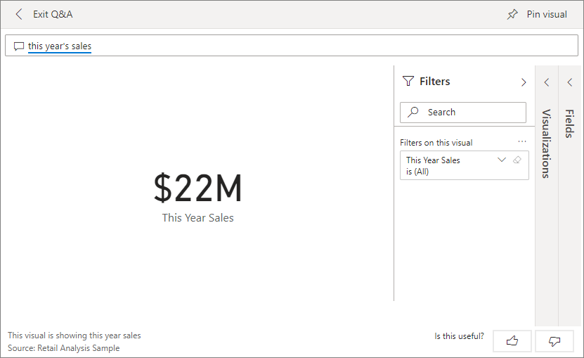 Captura de pantalla que muestra las ventas de este año en el icono de preguntas y respuestas.