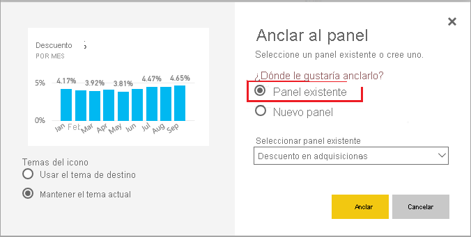 Captura de pantalla de la ventana Anclar al panel, resaltando Panel existente.