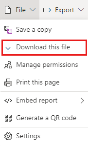 Captura de pantalla del menú de archivos en el servicio Power&nbsp;BI, con la opción para descargar un archivo PBIX resaltada.
