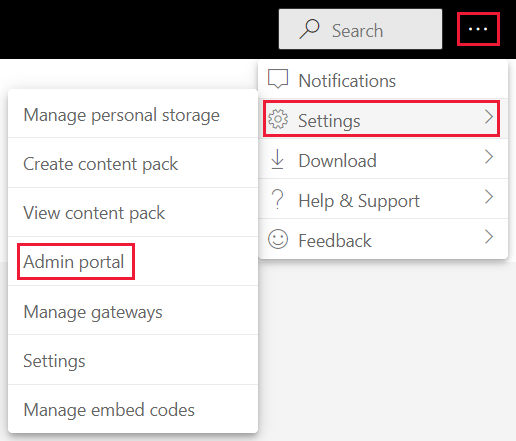 Captura de pantalla en la que se muestra la opción de menú configuración de administración en el menú de configuración del servicio Power&nbsp;BI.