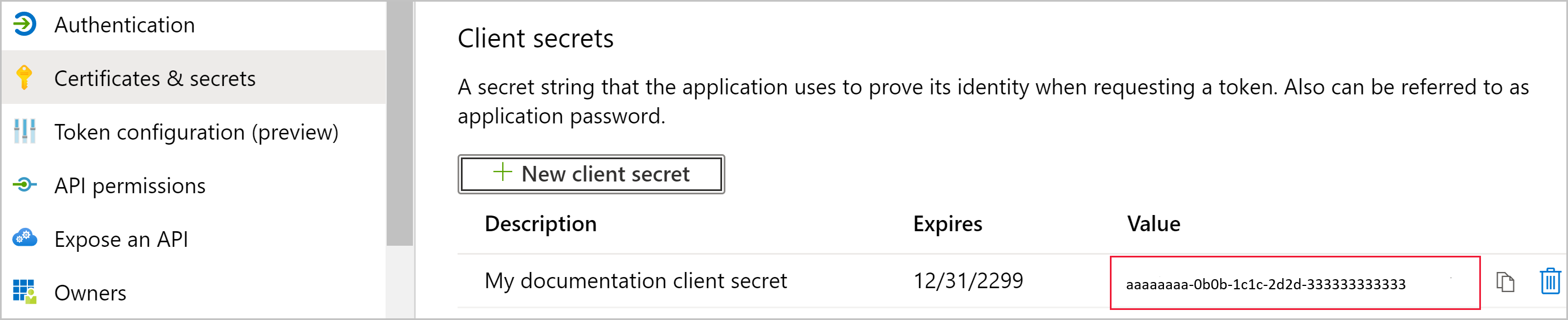 Captura de pantalla de la página Certificados y secretos de la aplicación. En Secretos de cliente, se puede ver un nuevo secreto. Su valor indescifrable está resaltado.