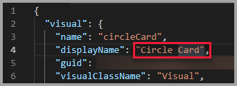 Captura de pantalla de VS Code, que muestra que el valor del nombre para mostrar está configurado como Circle Card.