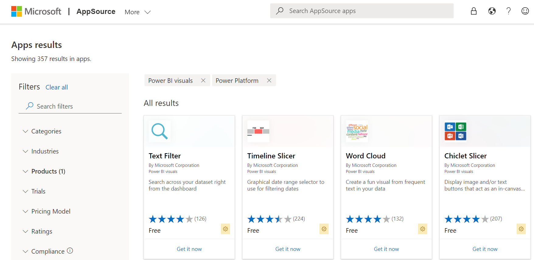 Captura de pantalla de los objetos visuales de Power&nbsp;BI en AppSource.