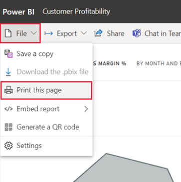 Captura de pantalla del menú Archivo del servicio Power&nbsp;BI abierto y se ha seleccionado 'Imprimir esta página'.