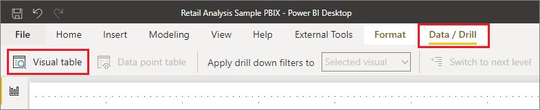 Captura de pantalla que muestra dónde encontrar la característica 'Tabla Visual' en la pestaña Datos/Obtención de detalles de la cinta de opciones de Power BI Desktop.