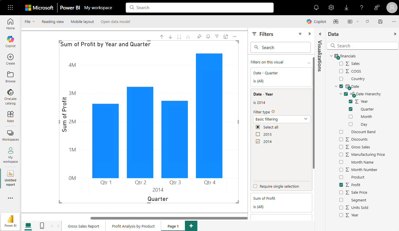 Captura de pantalla que muestra la visualización de un gráfico de columnas para los elementos de datos seleccionados.