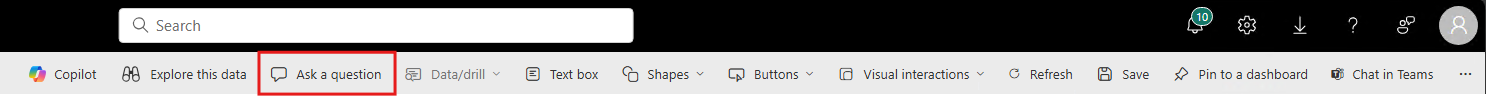 Captura de pantalla que muestra el cuadro de preguntas y respuestas en la barra de menús del editor de informes.