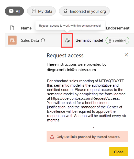 Captura de pantalla del mensaje de solicitud de acceso en el catálogo de OneLake, para un modelo semántico que está configurado para ser descubierto.