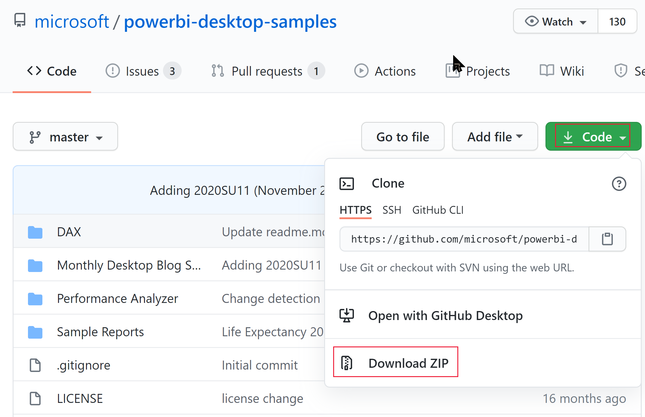 Captura de pantalla de la opción de descarga ZIP en los ejemplos de Power BI Desktop de GitHub.