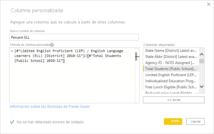 Captura de pantalla del cuadro de diálogo Columna personalizada que muestra una fórmula de ejemplo.