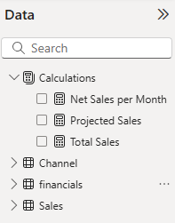 Captura de pantalla del panel Datos en Power BI Desktop. El campo de la parte superior de la lista es una tabla que contiene tres medidas y ninguna columna.