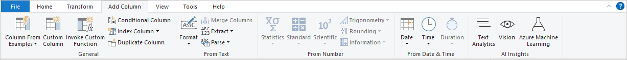 Captura de pantalla de Power&nbsp;BI Desktop en la que se muestra la pestaña Agregar columna.