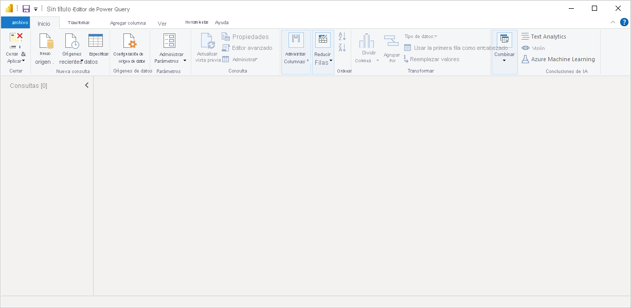 Captura de pantalla de Power&nbsp;BI Desktop que muestra el Editor de Power Query sin conexiones de datos.