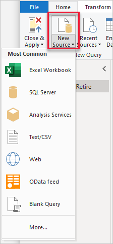 Captura de pantalla de Power&nbsp;BI Desktop que muestra el botón Nuevo origen.