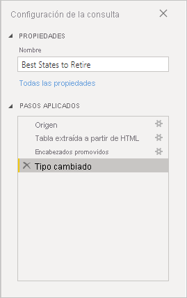Captura de pantalla de Power&nbsp;BI Desktop que muestra Configuración de consulta en el panel de la derecha.