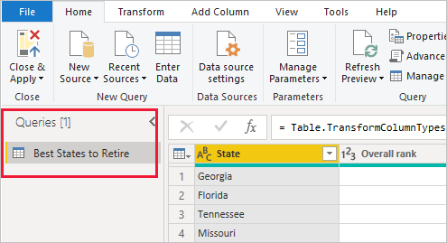 Captura de pantalla de Power&nbsp;BI Desktop que muestra Consultas en el panel de la izquierda.