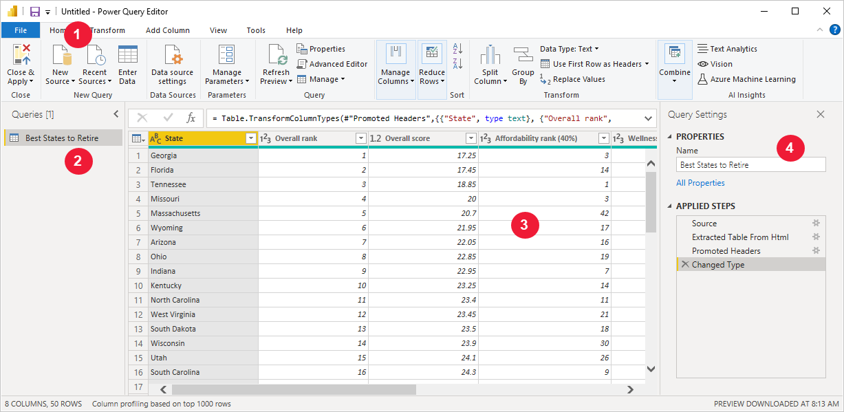 Captura de pantalla de Power&nbsp;BI Desktop que muestra el panel Configuración de consulta del Editor de Power Query.