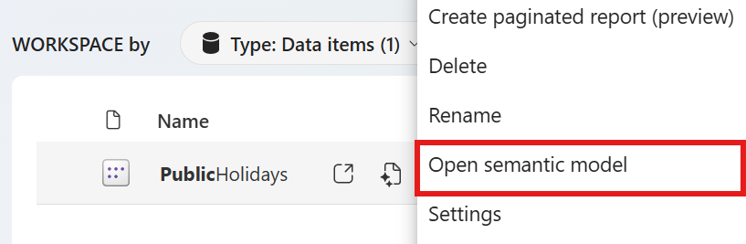 Captura de pantalla de la apertura del modelo de datos desde el catálogo de OneLake.