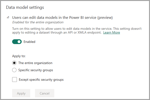 Captura de pantalla de la configuración del portal de administración habilitada para editar modelos semánticos en el servicio.