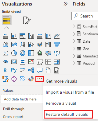 Captura de pantalla de la opción para restaurar el panel visualizaciones de forma predeterminada.