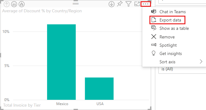 Captura de pantalla de la lista desplegable visual que muestra la opción para seleccionar Exportar datos.