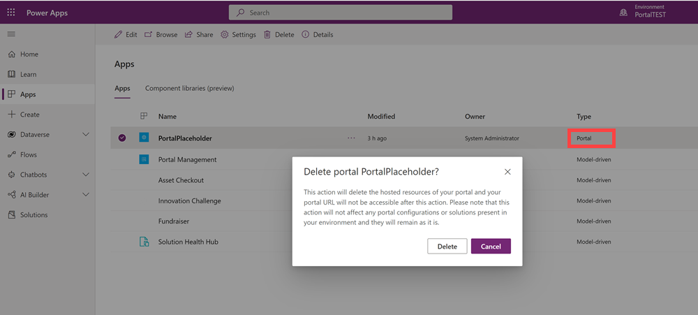Eliminar la aplicación del portal