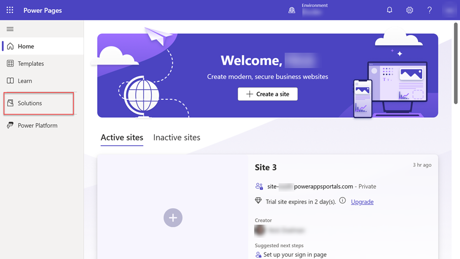 Screenshot que muestra la pestaña Soluciones de la página principal de Power Pages.