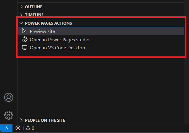 Vista de acciones de Power Pages en VS Code.