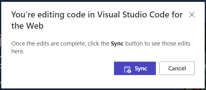Interfaz para permitir al usuario seleccionar el botón Sincronizar para sincronizar los cambios realizados en Visual Studio Code con Design Studio.