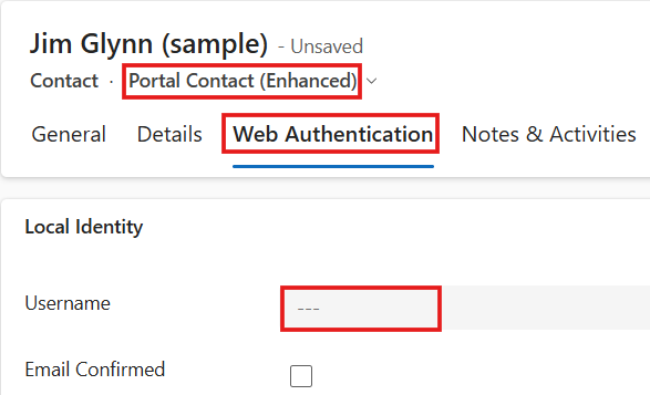 Captura de pantalla de un registro de contacto en la aplicación Portal Management, con el cuadro de nombre de usuario en la pestaña Autenticación web resaltado.