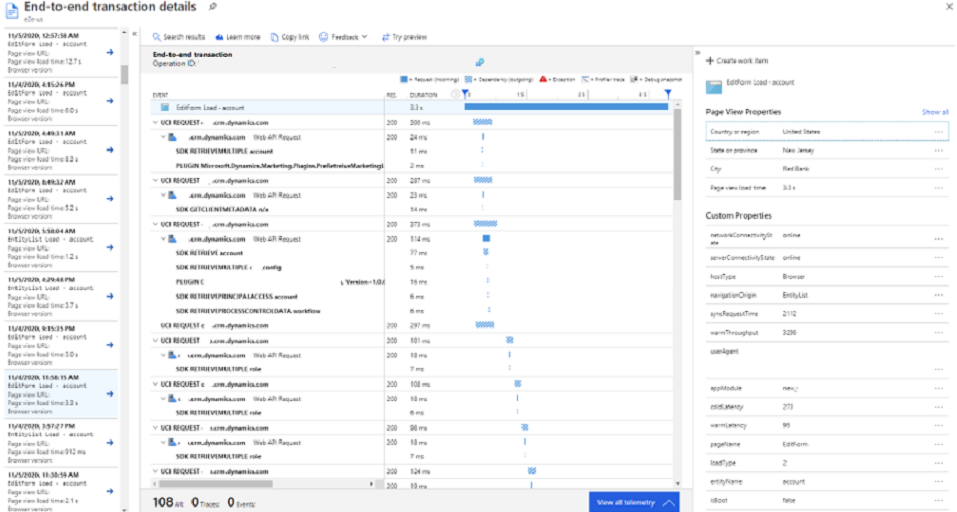 Detalles de transacciones de un extremo a otro en Rendimiento de Application Insights.