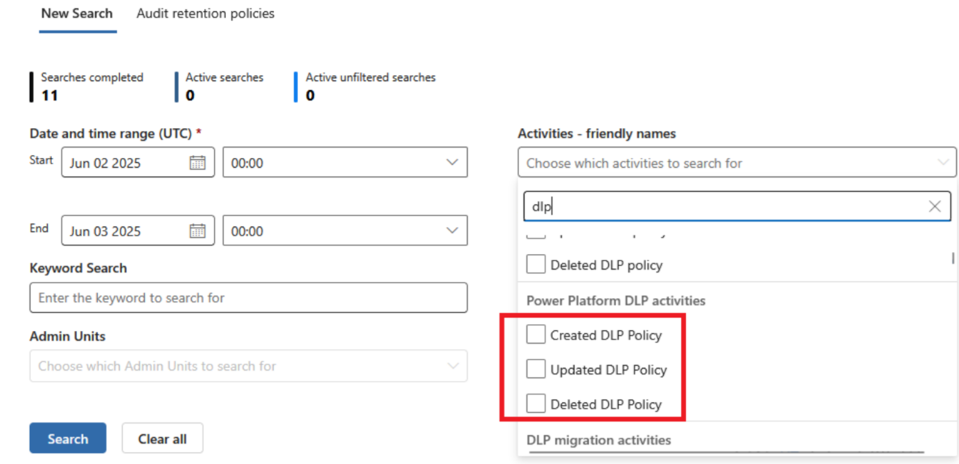 Captura de pantalla de la página de búsqueda de auditoría de Microsoft Purview que muestra la lista desplegable Actividades abierta, en la que se muestran los tres nombres de actividad DLP de Power Platform en desuso: Creación, Actualización y Eliminación de la política DLP.