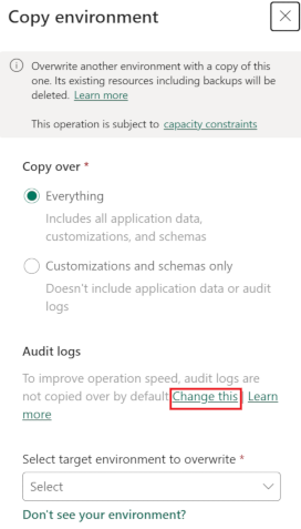 Seleccione Cambiar esta opción para incluir registros de auditoría.