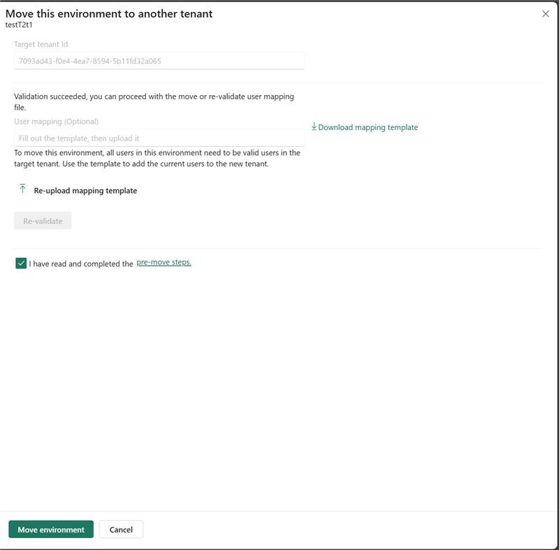 Captura de pantalla del panel del entorno de movimiento, que muestra el identificador de inquilino de destino, la carga de asignaciones de usuarios, la casilla Pasos previos a la migración y el botón Mover entorno.