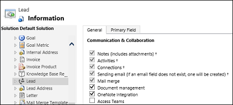 Seleccione Integración de OneNote para una entidad.
