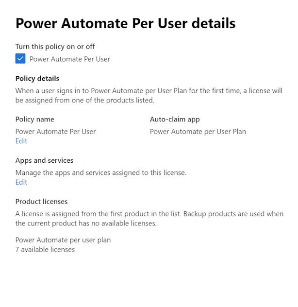 Captura de pantalla de la página de configuración de directivas de notificación automática para Power Automate en la que se muestran los detalles y la configuración de la directiva.