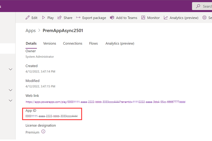 Captura de pantalla que muestra que el AppName de una aplicación de lienzo se puede encontrar en la página de detalles de la aplicación de lienzo.