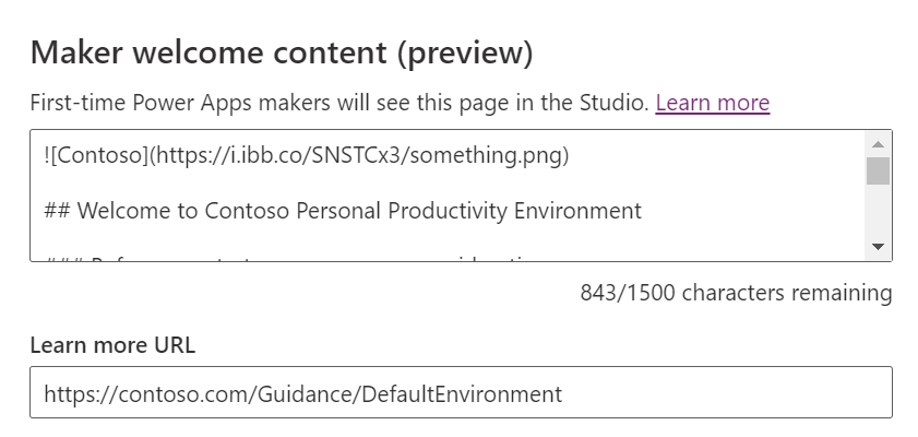 Captura de pantalla de la configuración de contenido de bienvenida de Maker en Power Apps.