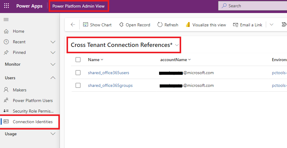 Captura de pantalla que muestra la página Referencias de conexión entre inquilinos del menú de navegación Identidades de conexión en la vista de administrador de Power Platform.
