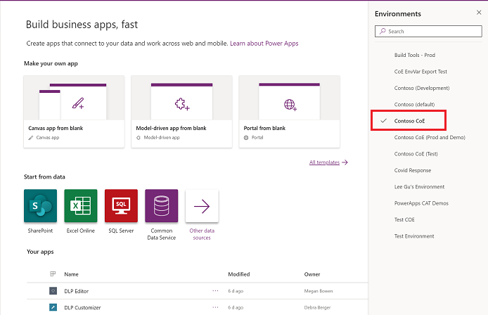 Captura de pantalla que muestra el entorno del portal de Creadores de Power Apps con el entorno de ejemplo resaltado en el menú Entornos.