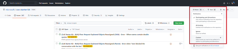 Captura de pantalla que muestra cómo seleccionar para ver el repositorio para recibir notificaciones sobre las nuevas versiones.