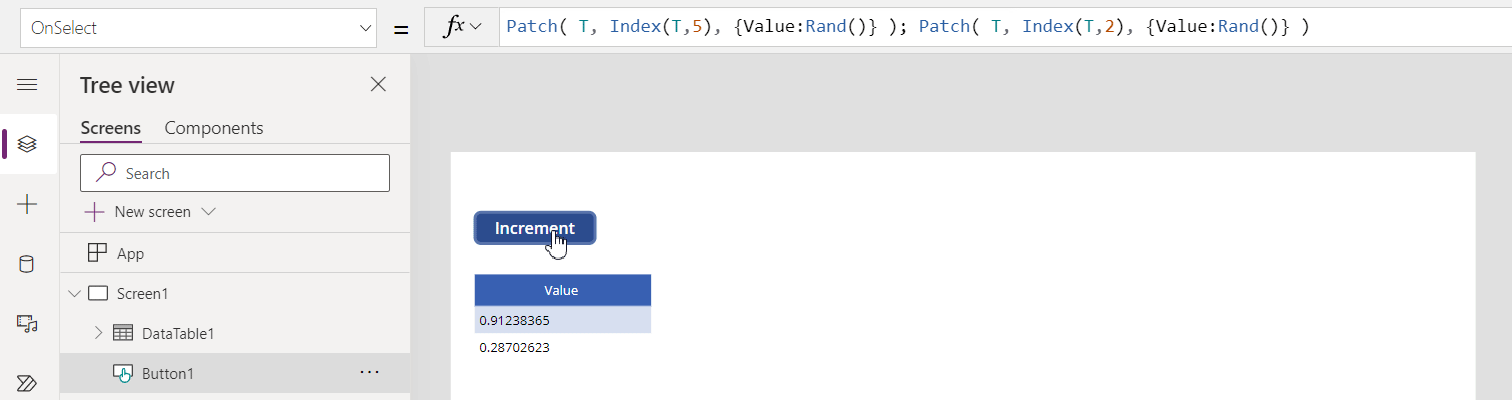 Captura de pantalla de animación que muestra solo el segundo registro de la tabla T que se actualiza con números aleatorios después de cada clic de botón, el primer registro produce un error.