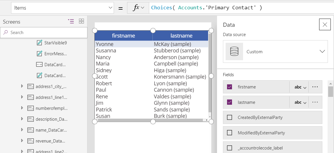 Pantalla de lienzo con un control de tabla de datos. La propiedad Items se establece en la fórmula Choices( Accounts.'Primary Contact' ) y la tabla muestra las columnas firstname y lastname para el primer conjunto de registros de la tabla Contacts.